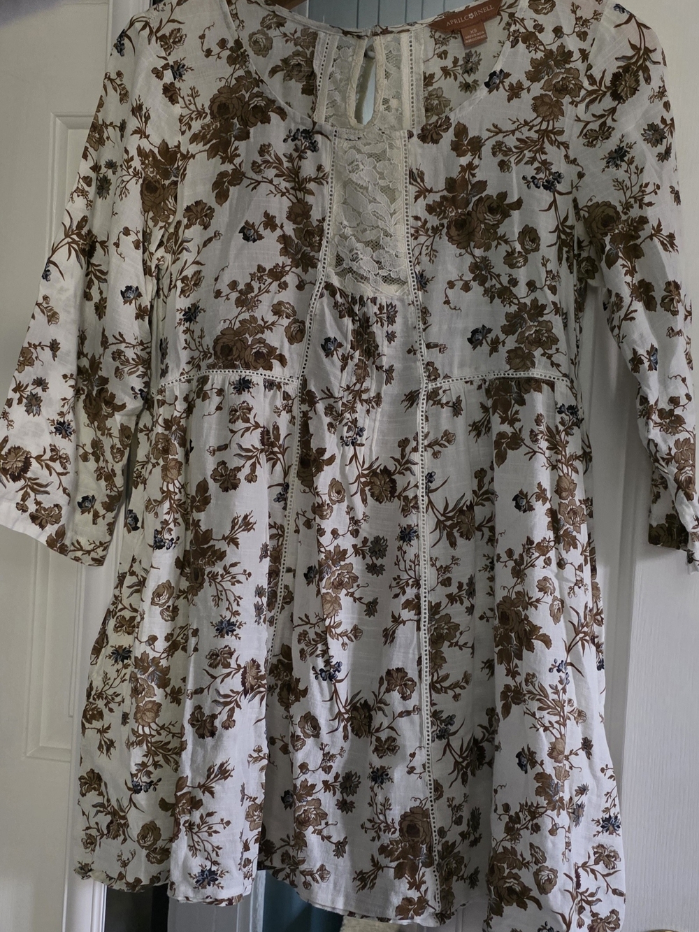 April Cornell Cream and Brown Floral Lace-Front Dress or Tunic